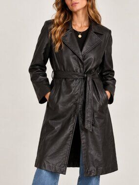 Vintage Express Black Leather Belted Trench Coat Y2K 90s Size L
